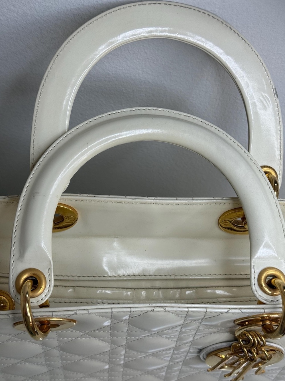 Christian Dior Vintage Lady Dior Large Cream Patent Leather Handbag - Picture 5 of 15